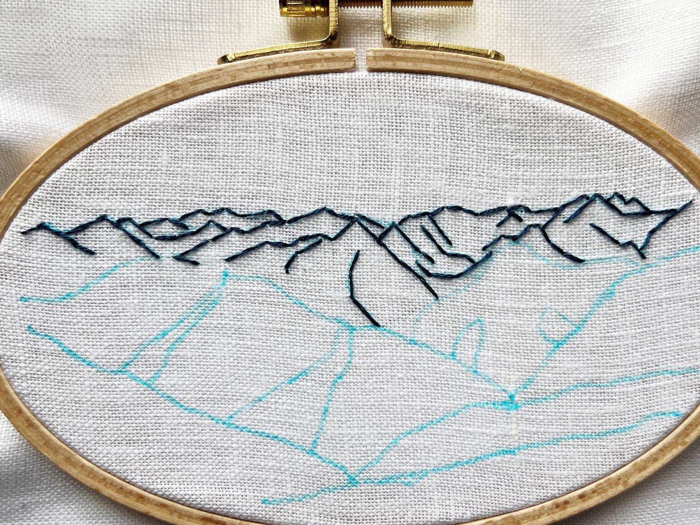 Hurricane Ridge Embroidery in progress. Far mountains have been outlined in floss. Remaining features have been traced with a water soluble blue marker on linen to show next steps.