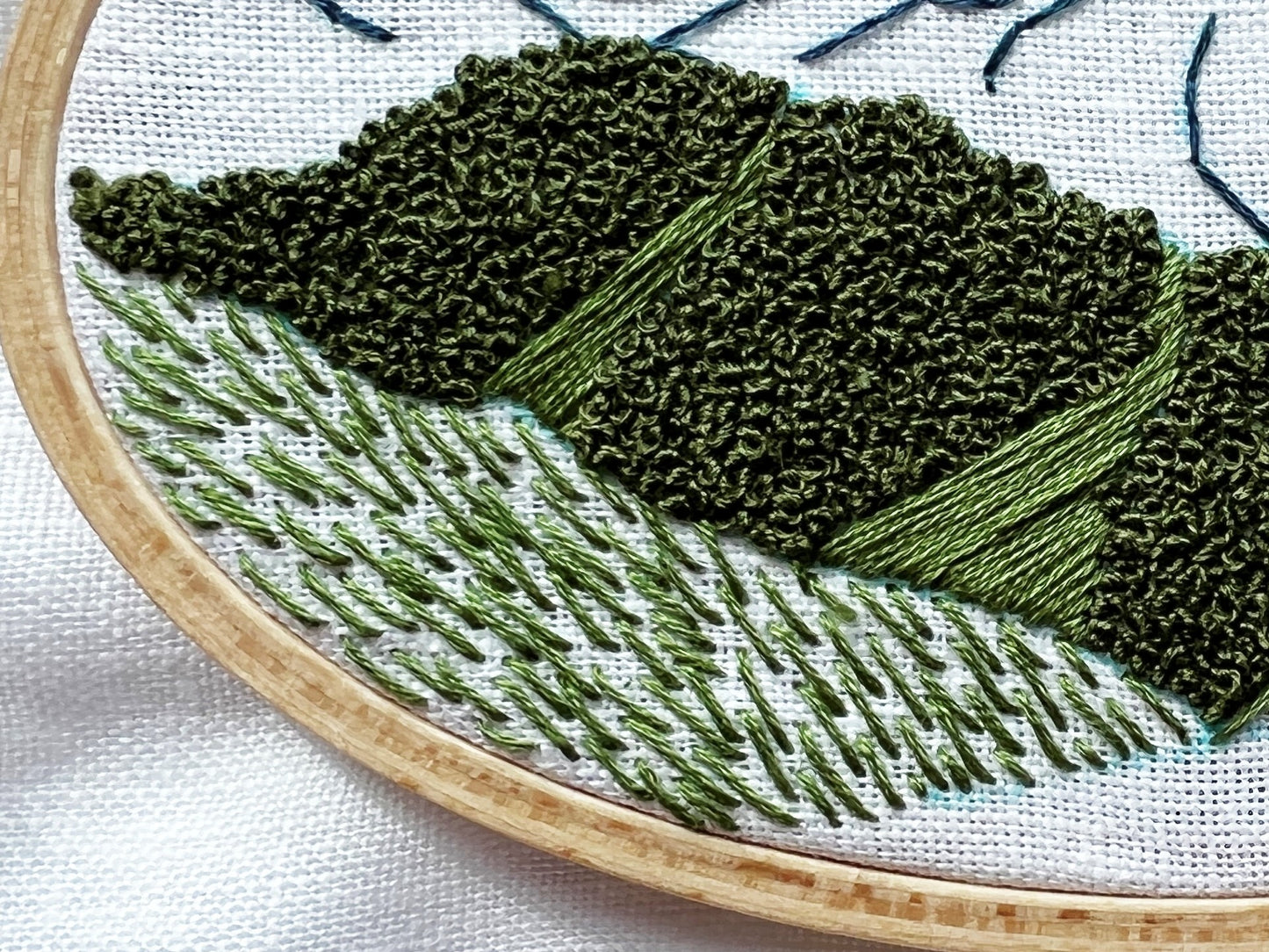 Close up of foreground development of Hurricane Ridge Embroidery. Using traced lines from pattern trees and hillsides have been completed while grass has been started.