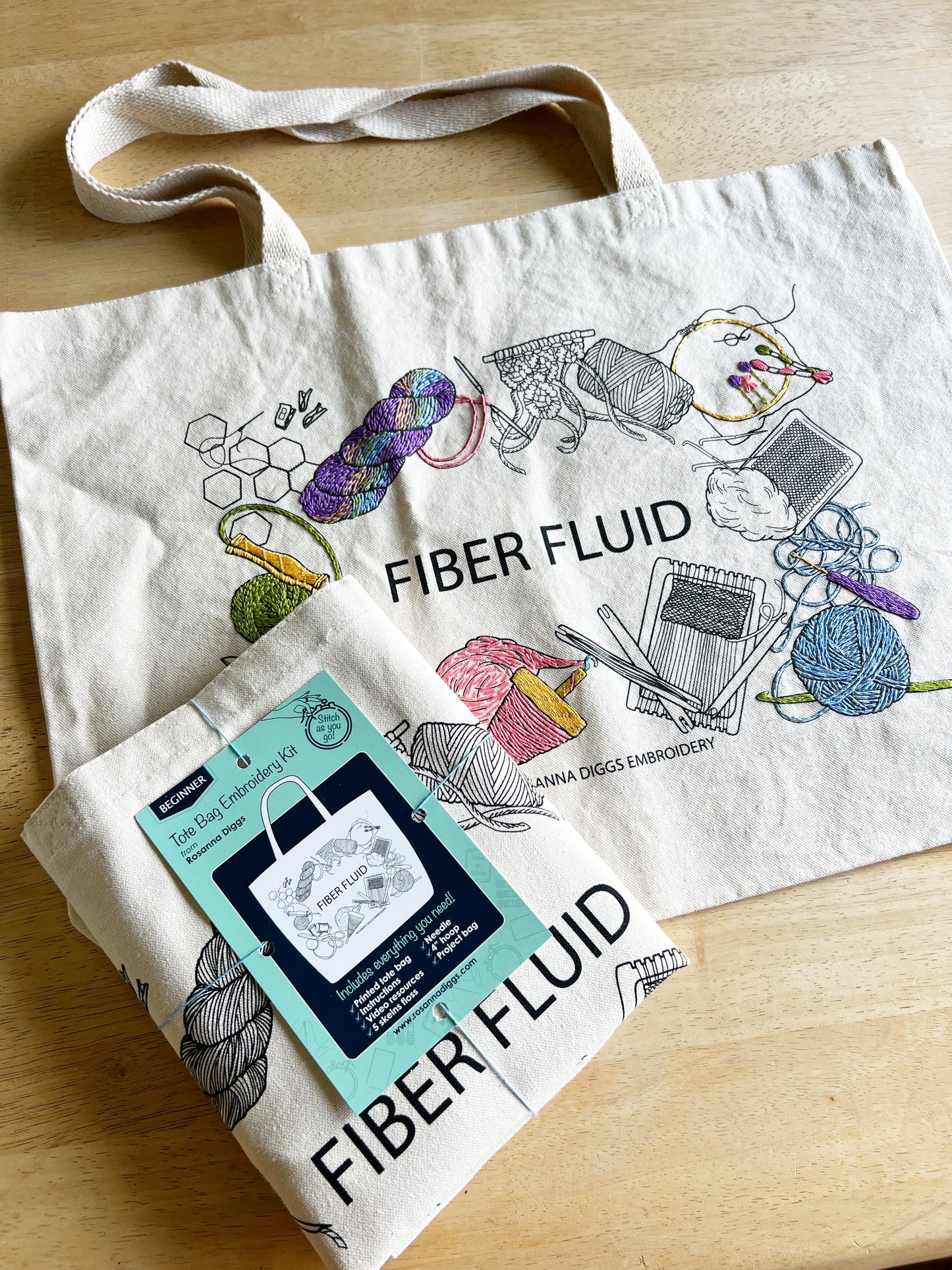 Fiber Fluid tote kits come tied up with string. Including all supplies. The sturdy cream canvas tote can be purchased separately.
