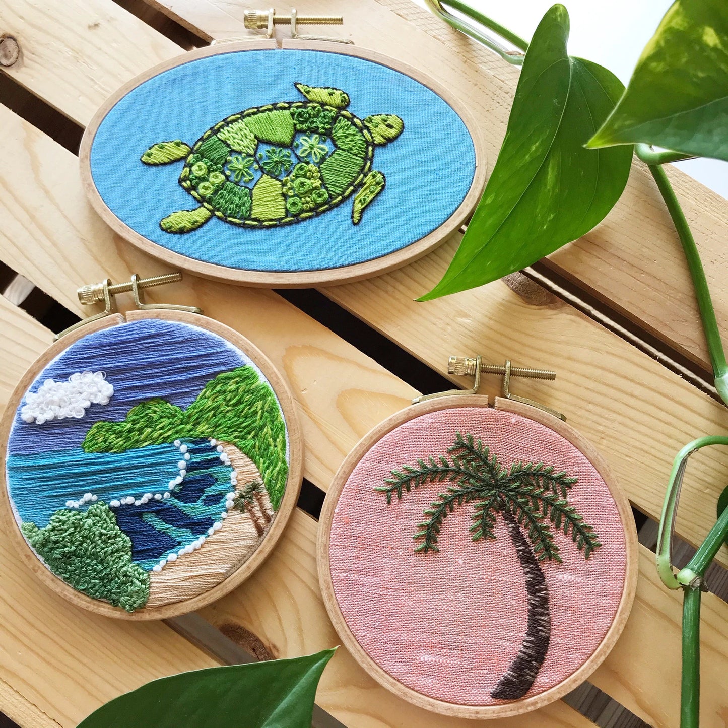 Rosanna Diggs Embroidery Island Vibes collection includes: Green Sea Turtle, Hanauma Bay and Palm Tree.