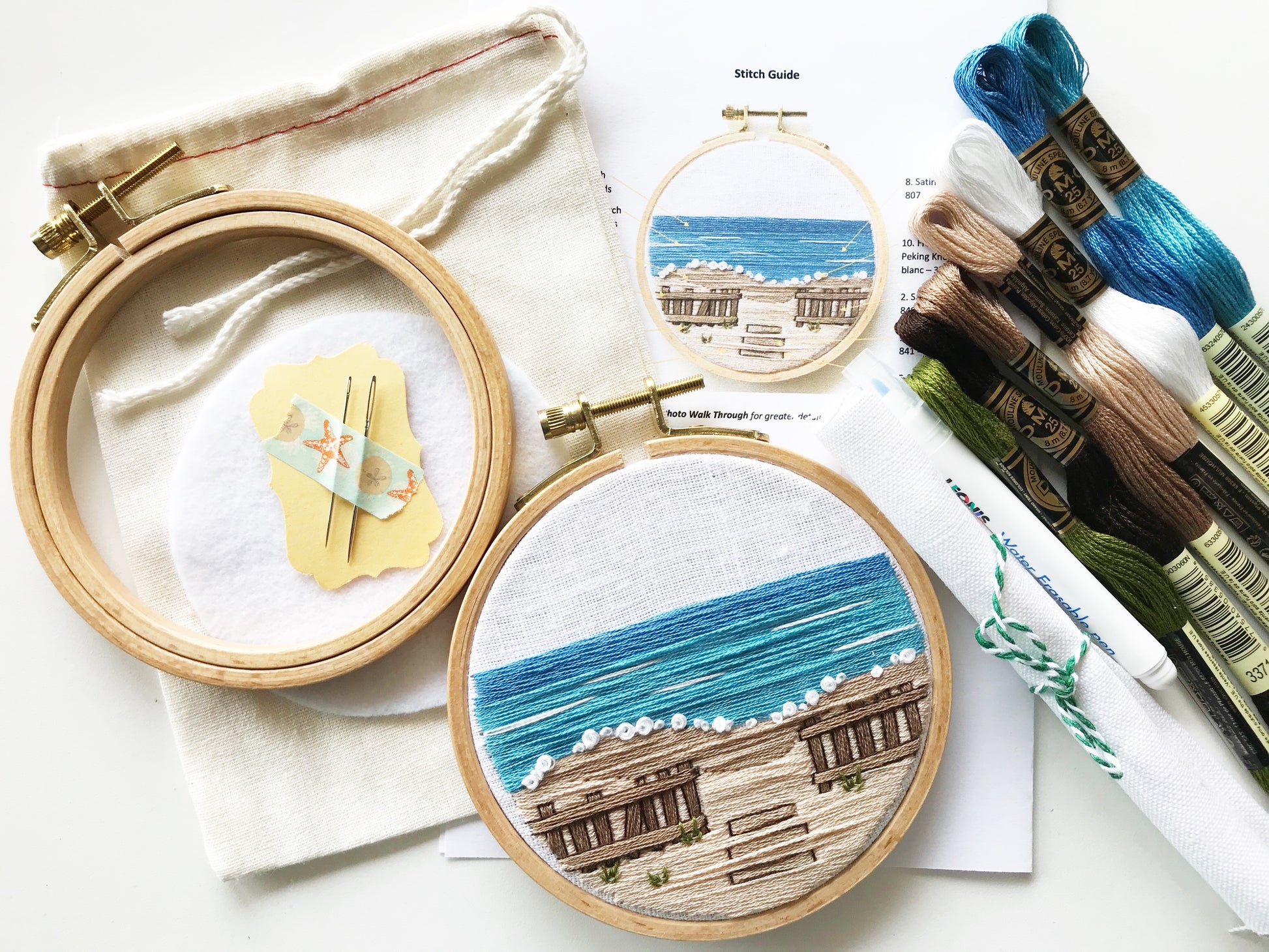 What is Included: 4 inch wooden hoop, 6inch square linen fabric, water soluble pen, plenty of floss, needle, pattern, step-by-step instructions and felt for backing in a muslin project bag.