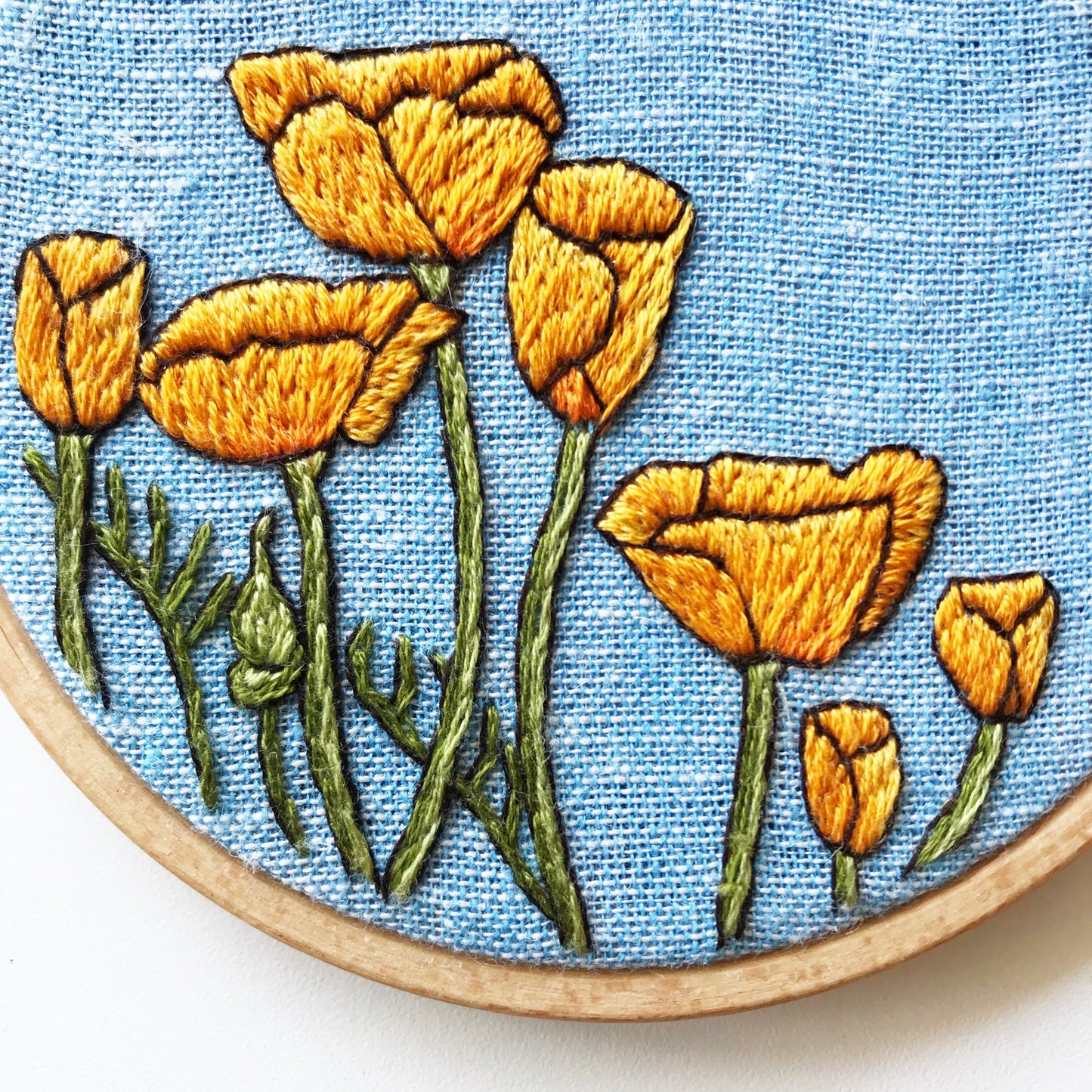 Close up of Intermediate Kit Peaceful Poppies.  Stitch detail enlarged.