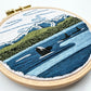 Orcas in the Sound Hand Embroidery PDF.  File includes pattern for transfer and booklet with easy to follow step by step instructions.  Part of the Pacific Wanderlust Collection.  Three Orcas swimming with Mountains in the background.