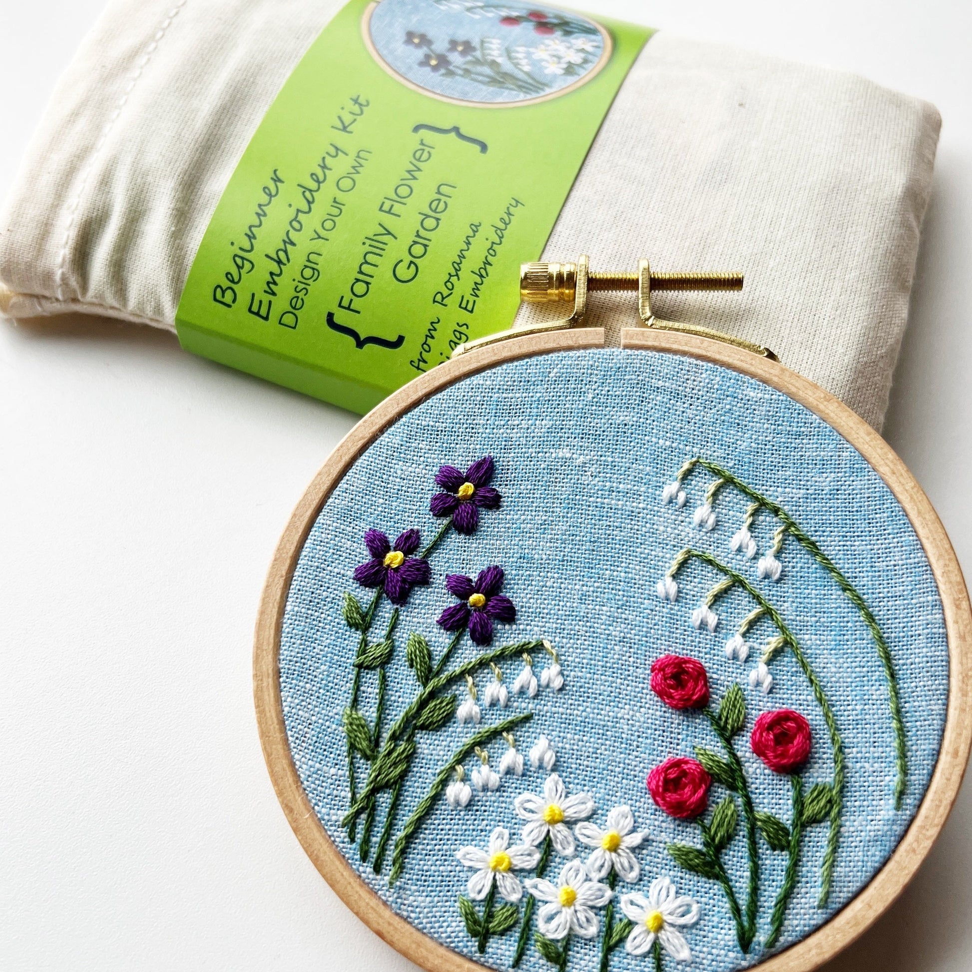 finished embroidery hoop propped against embroidery kit