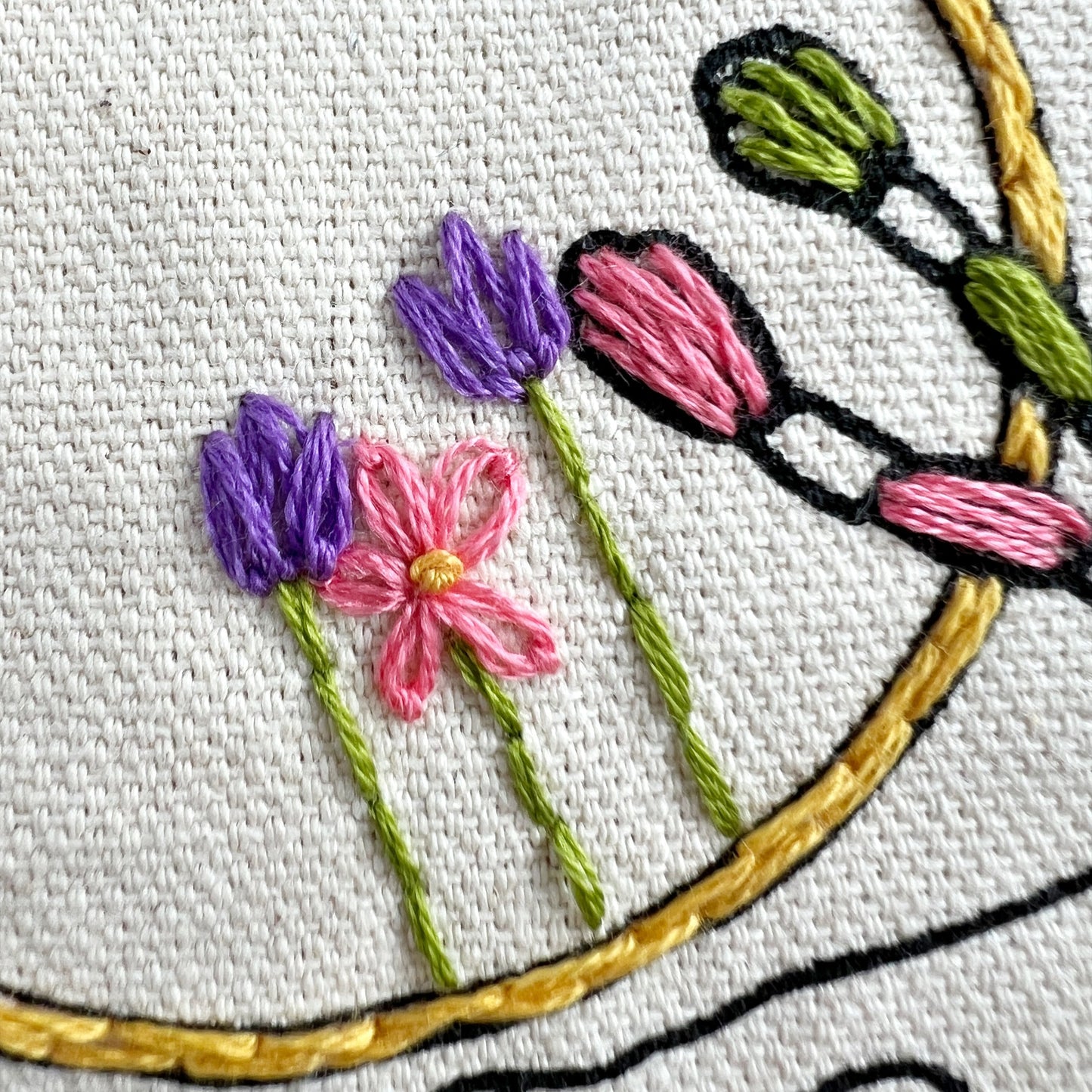 Close up of stitched embroidery hoop on Rosanna Diggs Fiber Fluid Tote.  Embroidery hoop is in yellow floss and has two stitched skeins of pink and green resting on the hoop.  The hoop also has three flowers stitched.