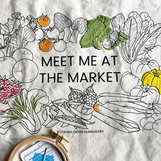 Meet Me at the Market Canvas Tote Bag.  The perfect work in progress.  This bag has peppers, tomatoes, strawberries and a pepper finished. Bok Choy is in progress.