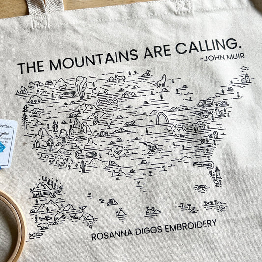 National Parks are featured in this cotton tote bag. Featuring the John Muir quote - The Mountains are Calling  this detailed outline of the United States with drawings indicating the National Parks, makes the perfect work in progress.