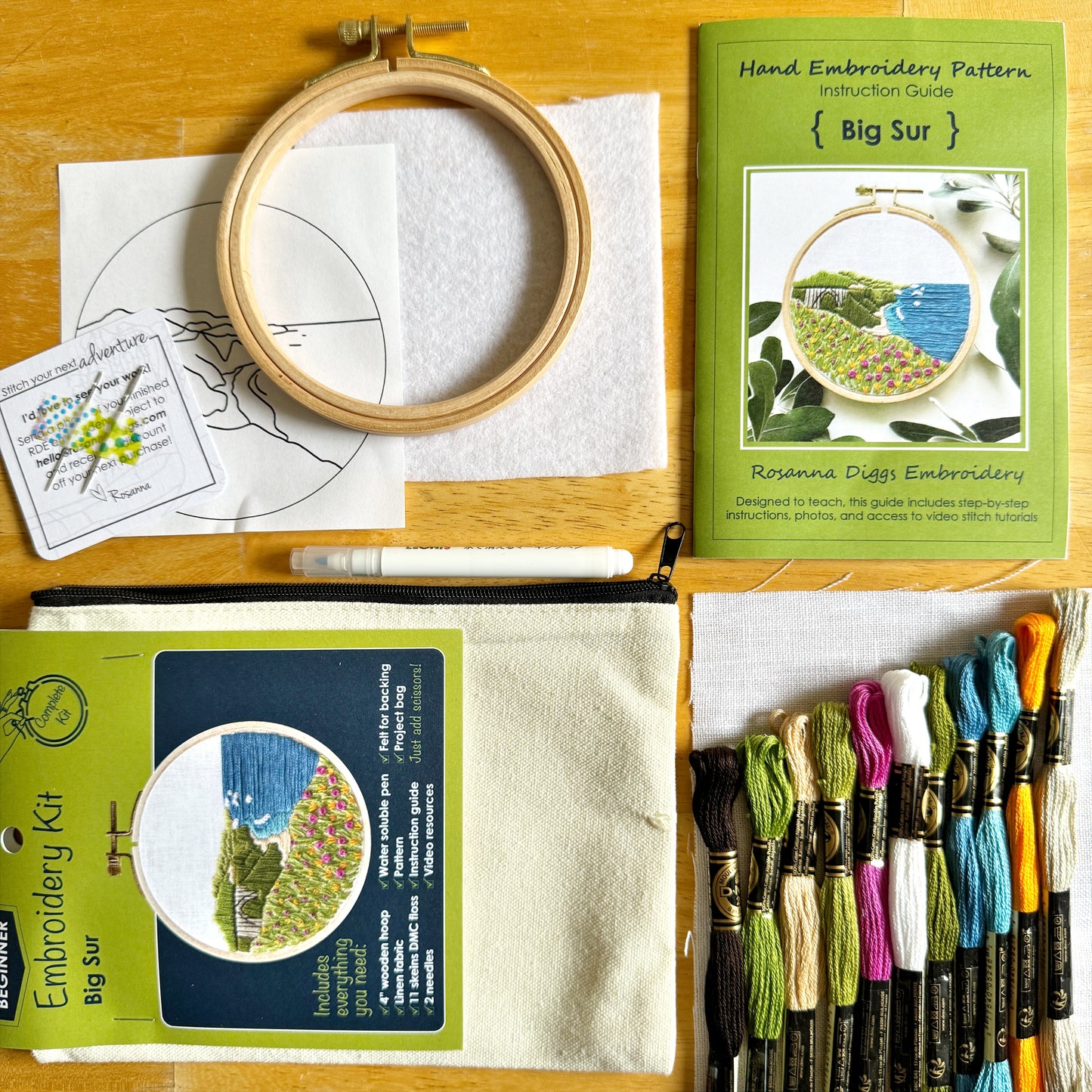 What is Included. 4 inch wooden hoop, 6 inch square linen fabric, water soluble pen, full skeins of floss, needle, pattern, step by step instructions, felt for backing in a reusable zippered project bag to hold it all!