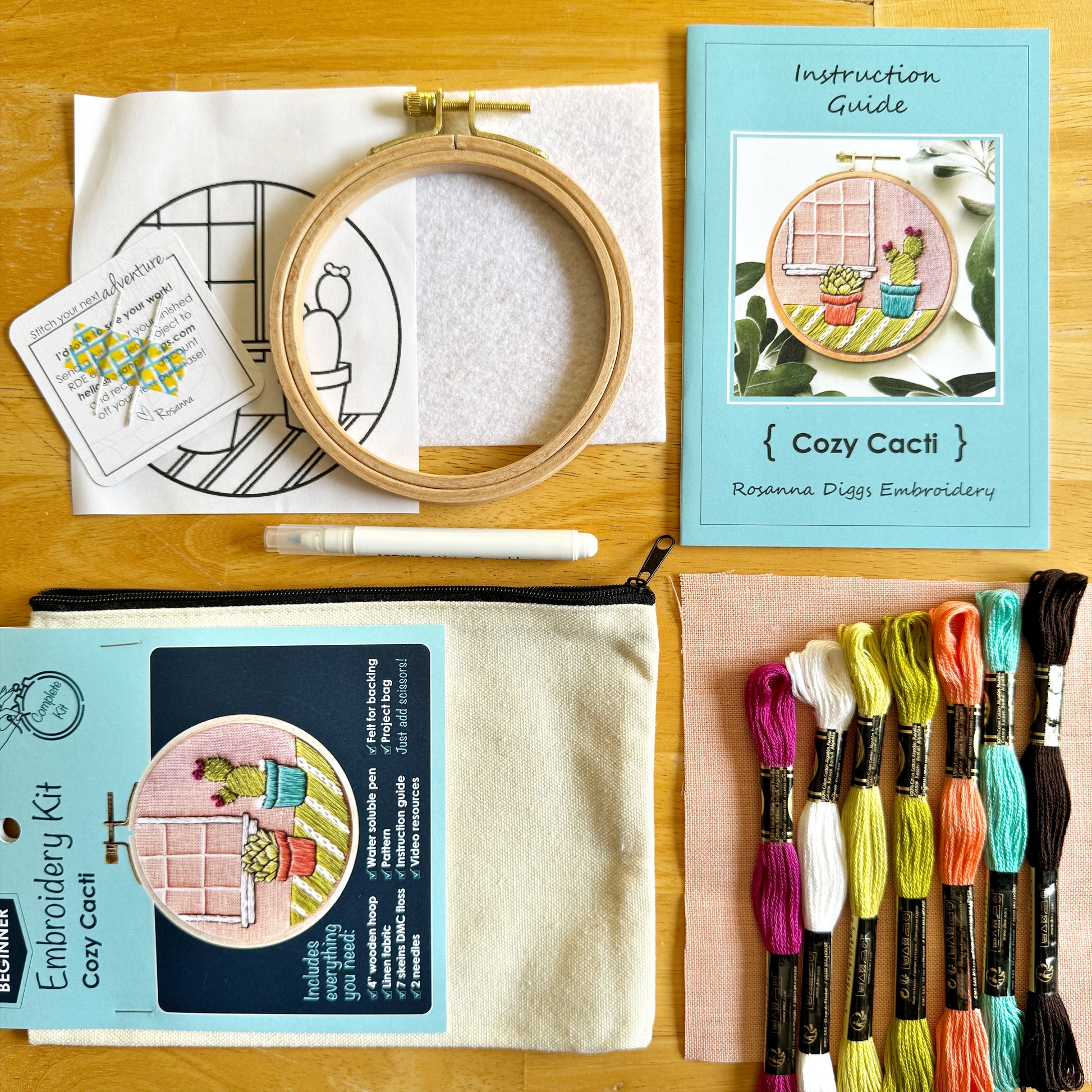 What is Included: 4 inch wooden hoop, 6 inch square linen fabric, water soluble pen, full skeins of floss, needle, pattern, step-by-step instructions and felt for backing in a reusable muslin project bag.