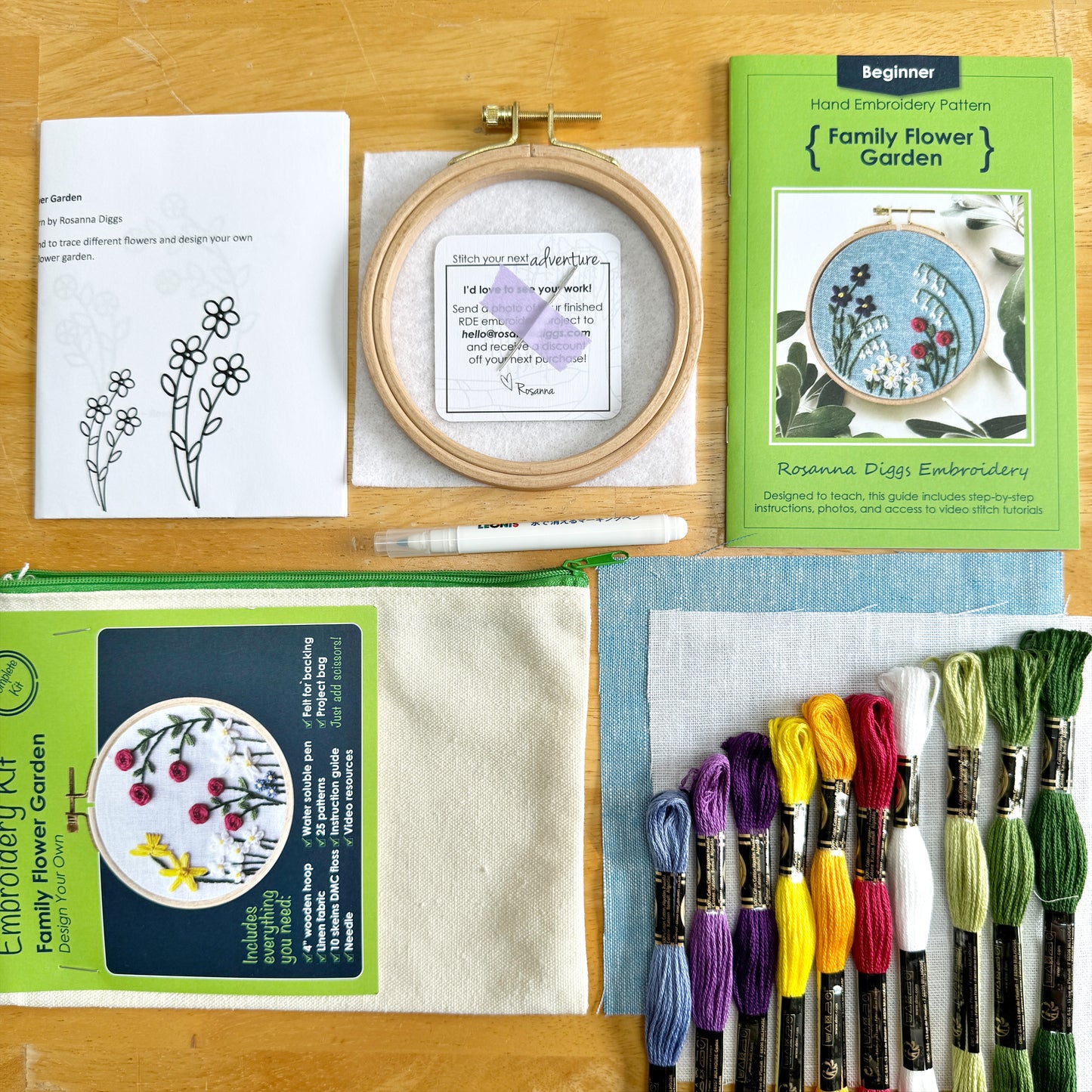 What is Included: 4 inch wooden hoop, 6 inch square linen fabric, water soluble pen, full skeins of floss, needle, pattern, step-by-step instructions and felt for backing in a reusable zippered project bag.