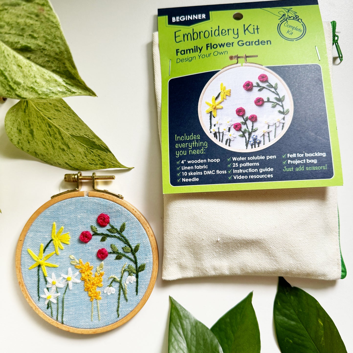 All Rosanna Diggs Embroidery Kits come in a reusable zippered project bag.