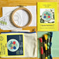 What is Included: 4 inch wooden hoop, 6 inch square linen fabric, water soluble pen, full skeins of floss, needle, pattern, step-by-step instructions and felt for backing in a reusable zippered project bag.