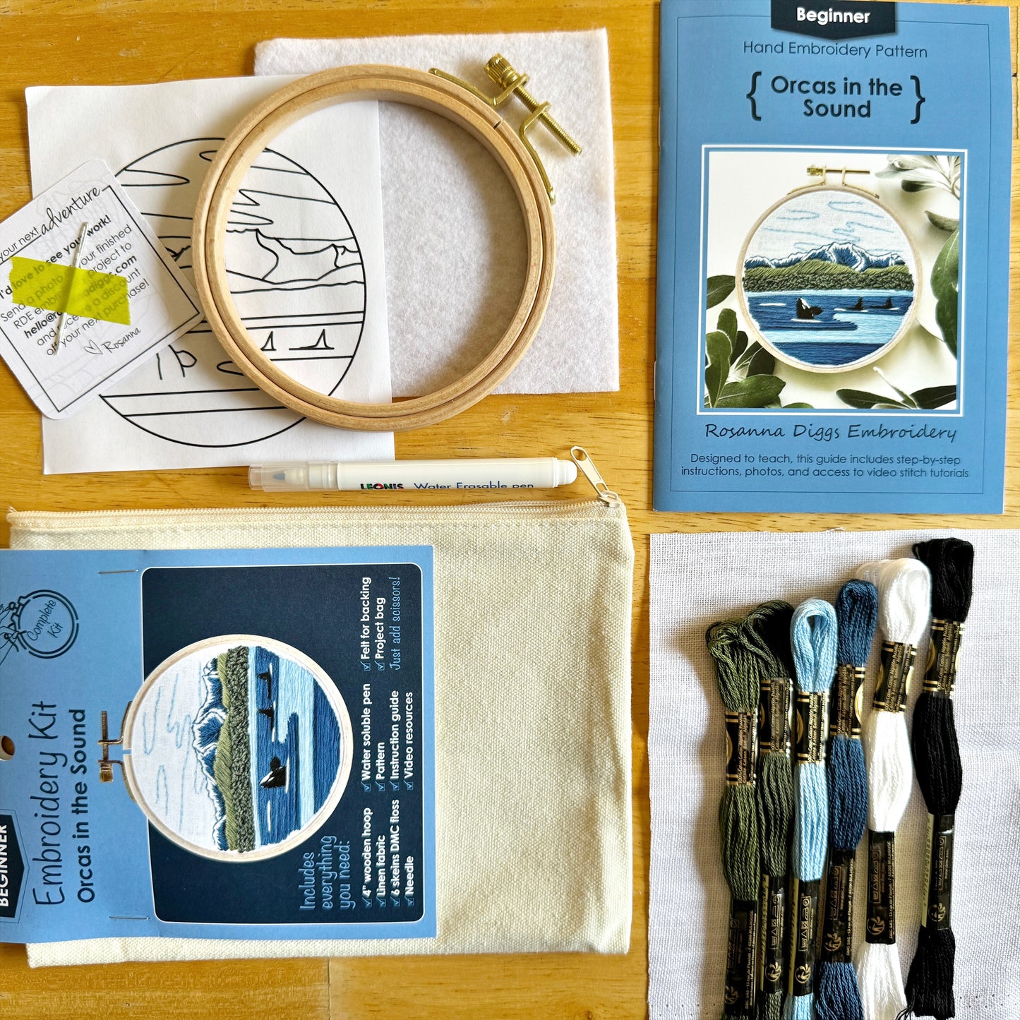 What is Included. 4 inch wooden hoop, 6 inch linen fabric, water soluble pen, full skeins of floss, needle, pattern, step by step instructions, felt for backing in a project bag to hold it all!