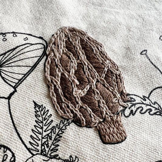 Rosanna Diggs Embroidery Grow Through What You Go Through close up of stitched morel mushroom. Details in brown and tan.