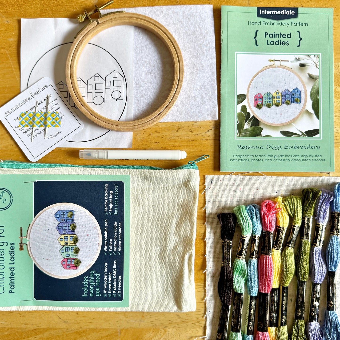 What is Included. 4 inch wooden hoop, 6 inch linen fabric, water soluble pen, full skeins of floss, needle, pattern, step by step instructions, felt for backing in a project bag to hold it all!