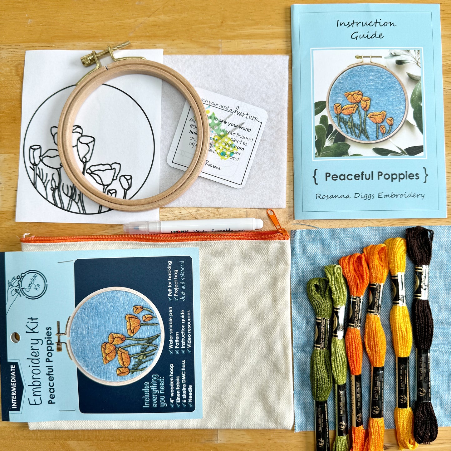 What is Included: 4 inch wooden hoop,6 inch square linen fabric, water soluble pen, full skeins of floss, needle, pattern, step-by-step instructions, felt for backing and a zippered project bag.