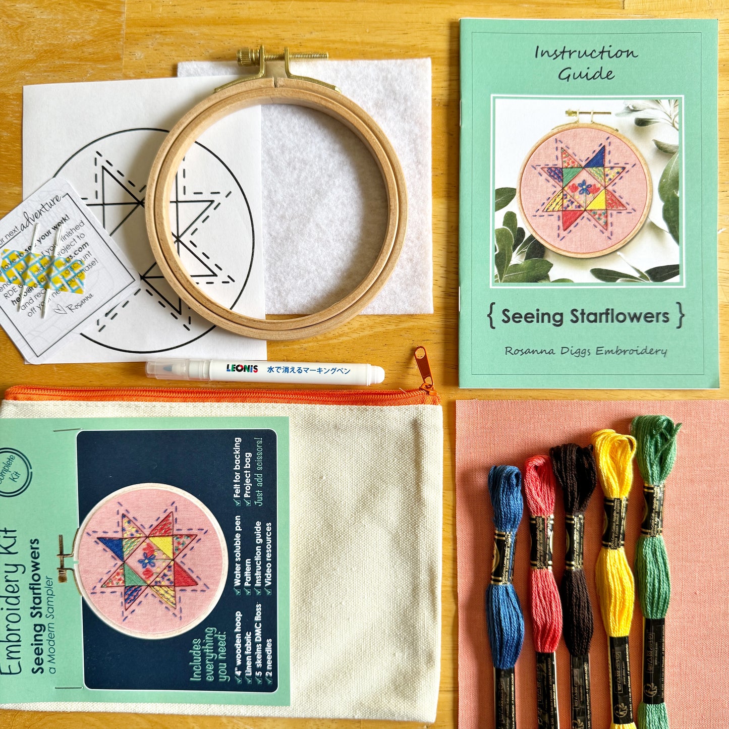 What is Included: 4 inch wooden hoop, 6 inch square linen fabric, water soluble pen, full skeins of floss, needle, pattern, step-by-step instructions and felt for backing in a reusable zippered project bag.