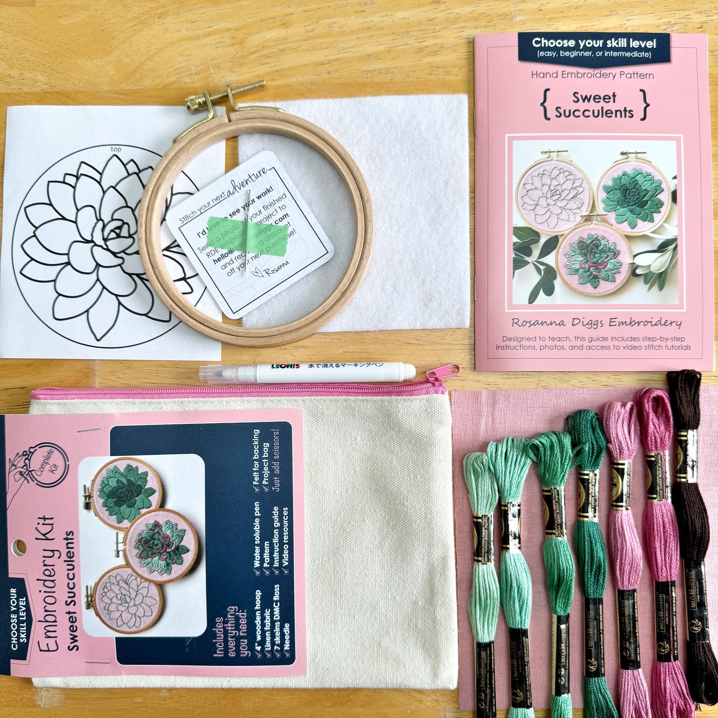 What is Included: 4 inch wooden hoop, 6 inch square linen fabric, water soluble pen, full skeins of floss, needle, pattern, step-by-step instructions and felt for backing in a reusable zippered project bag.