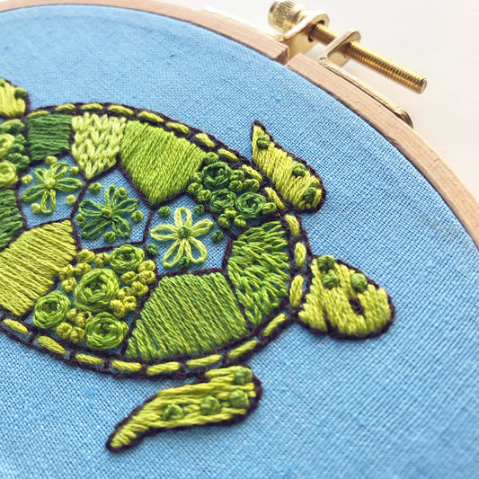 Closeup of stitch details in Green Sea Turtle kit modern sampler.