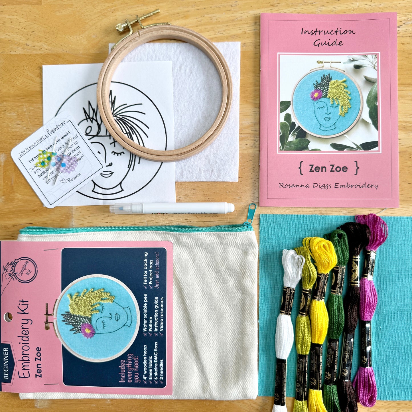 What is Included: 4 inch wooden hoop, 6 inch square linen fabric, water soluble pen, full skeins of floss, needle, pattern, step-by-step instructions and felt for backing in a reusable zippered project bag.