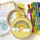 You will need: 4 inch wooden hoop, 6 inch square linen fabric, water soluble pen, 6 strand embroidery floss, needle, felt for backing, pattern, step-by-step instructions