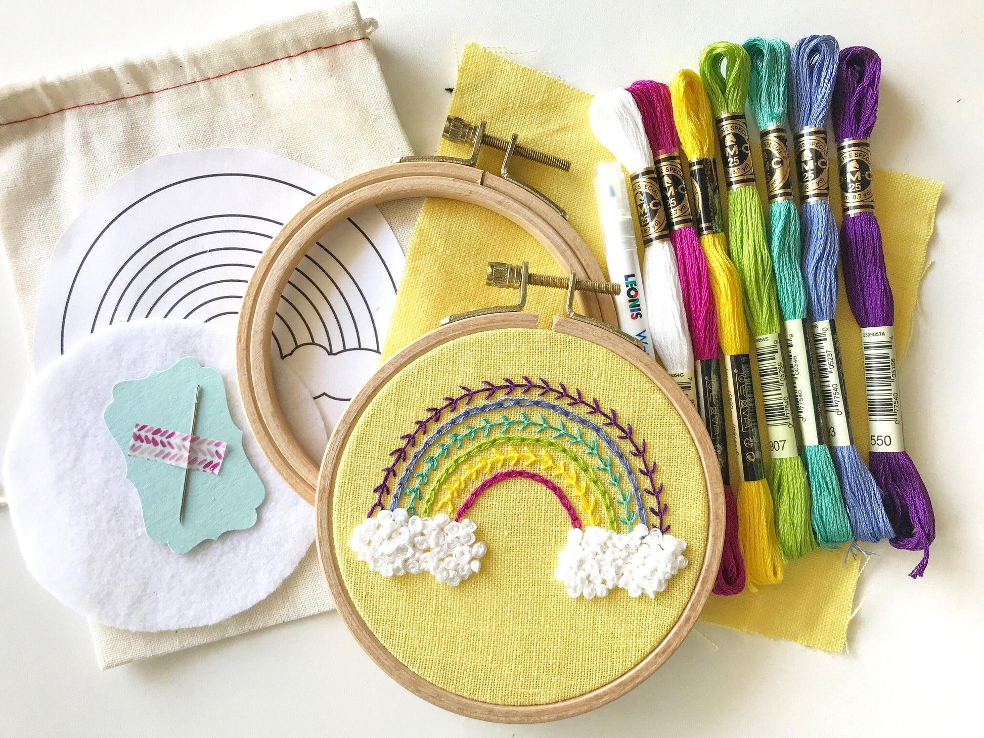 You will need: 4 inch wooden hoop, 6 inch square linen fabric, water soluble pen, 6 strand embroidery floss, needle, felt for backing, pattern, step-by-step instructions