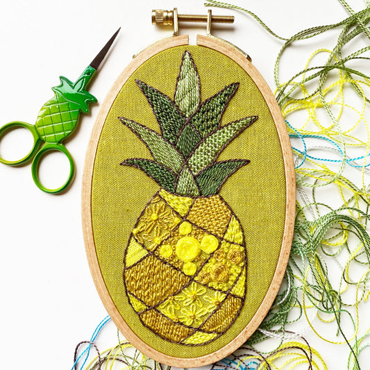 Embroidery Kit, Patchwork Pineapple Intermediate Embroidery Sampler, Complete Kit