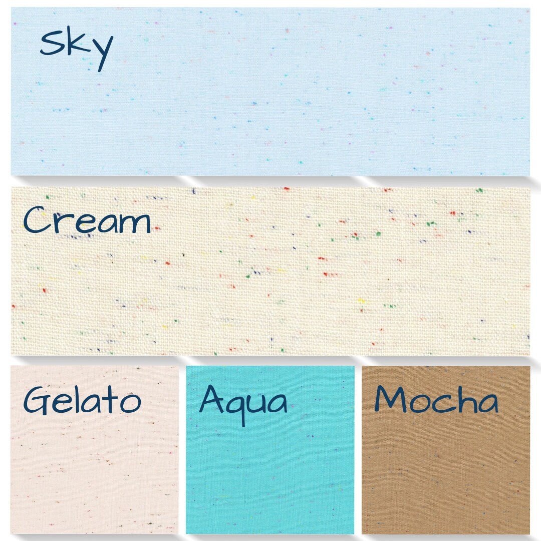 Robert Kauffman Essex Speckle Linen Blend Fabric.  Shown in Sky, Cream, Gelato, Aqua and Mocha.