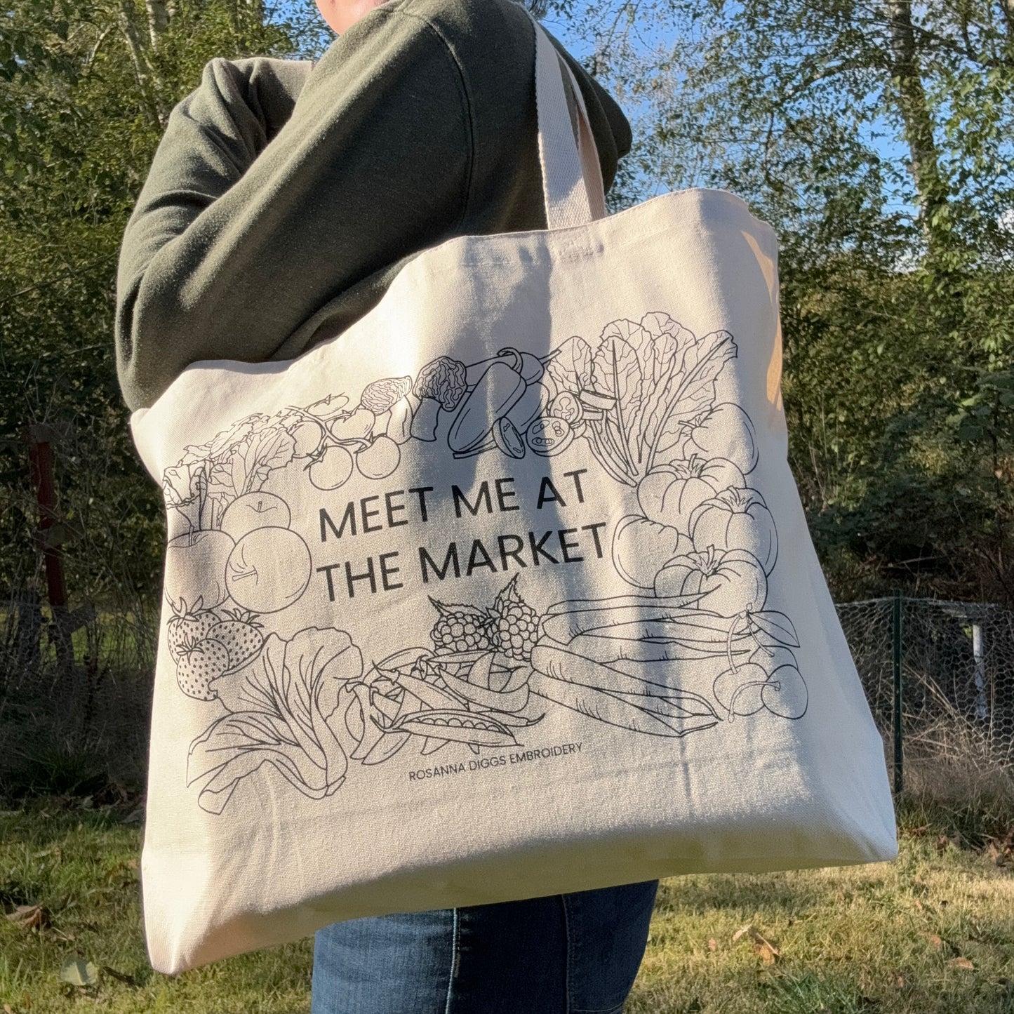 Rosanna Diggs Embroidery Meet Me at the Market tote bag is ready to go right out of the package.  Add stitches as you go.