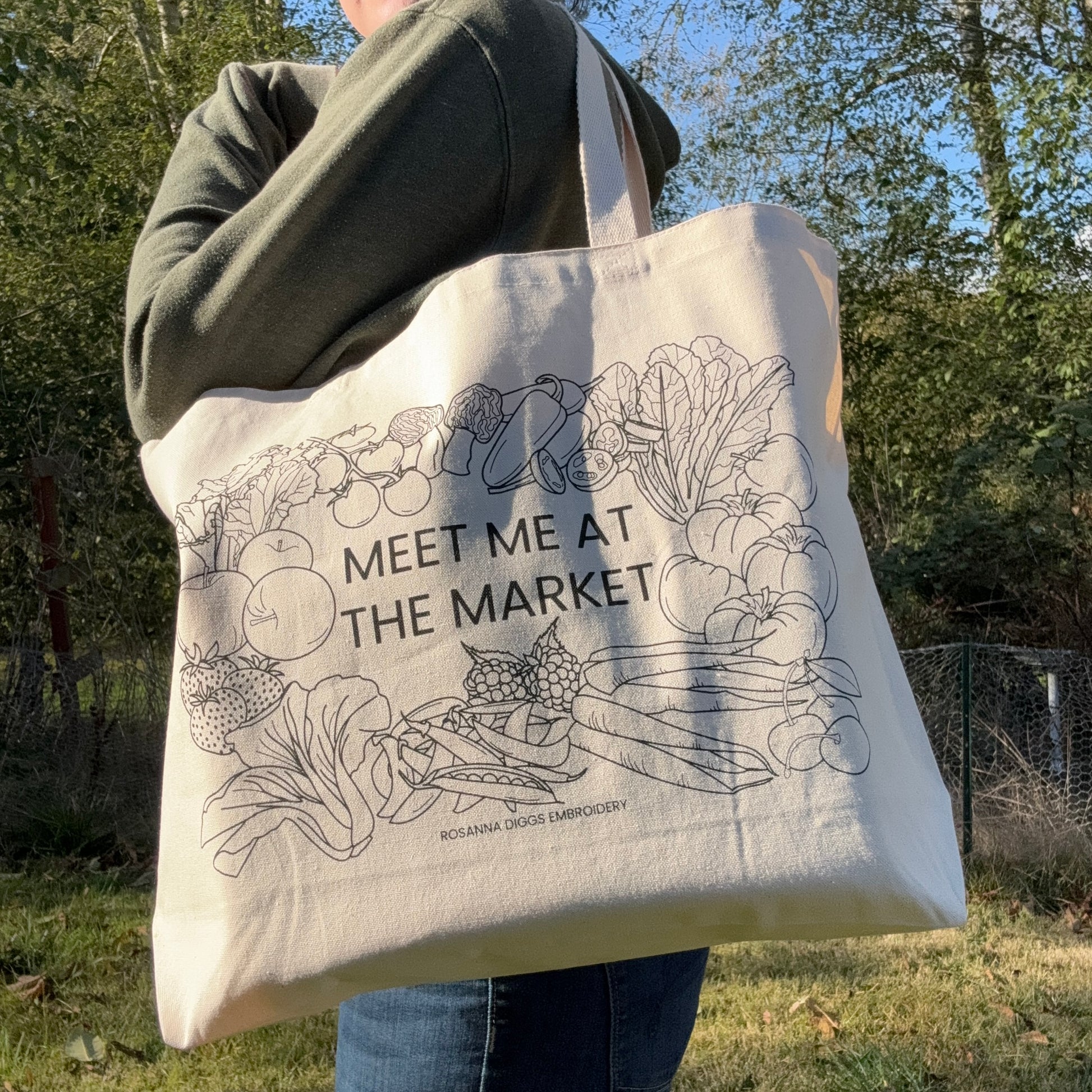 Rosanna Diggs Embroidery Meet Me at the Market tote bag is ready to go right out of the package.  Add stitches as you go.