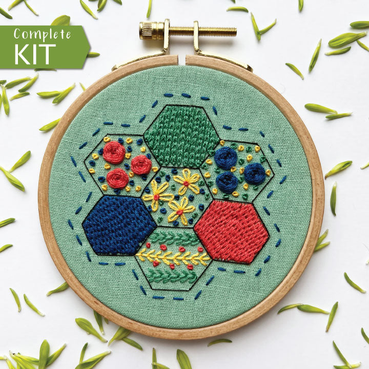 Embroidery Kit for Beginners, Hexie Quilt Block Modern Sampler, Hexie Harmony, Complete Kit