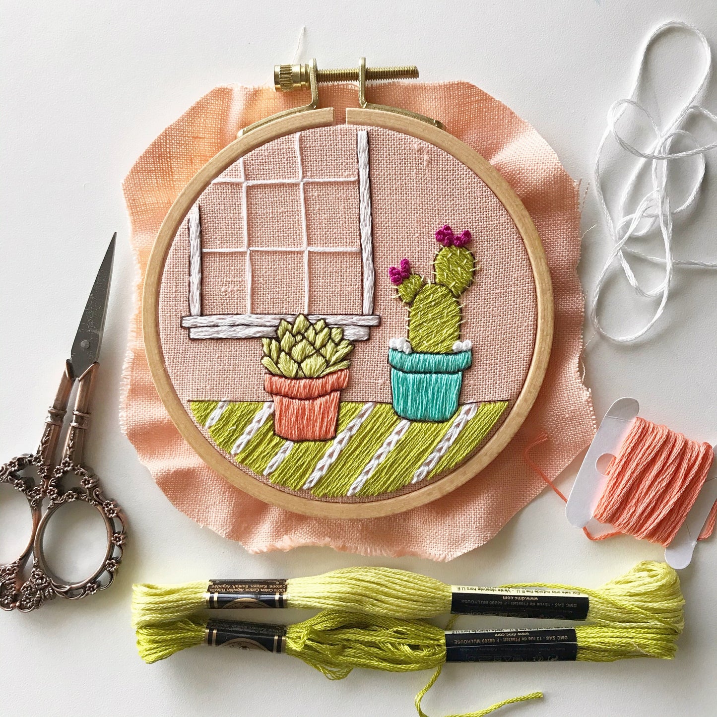 Cozy Cacti Beginner Embroidery. Finished hoop with thread