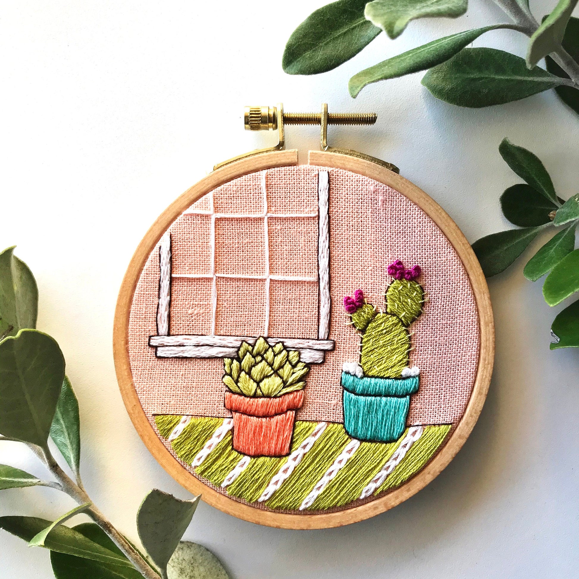 Cozy Cacti Complete Beginner Embroidery Kit finished