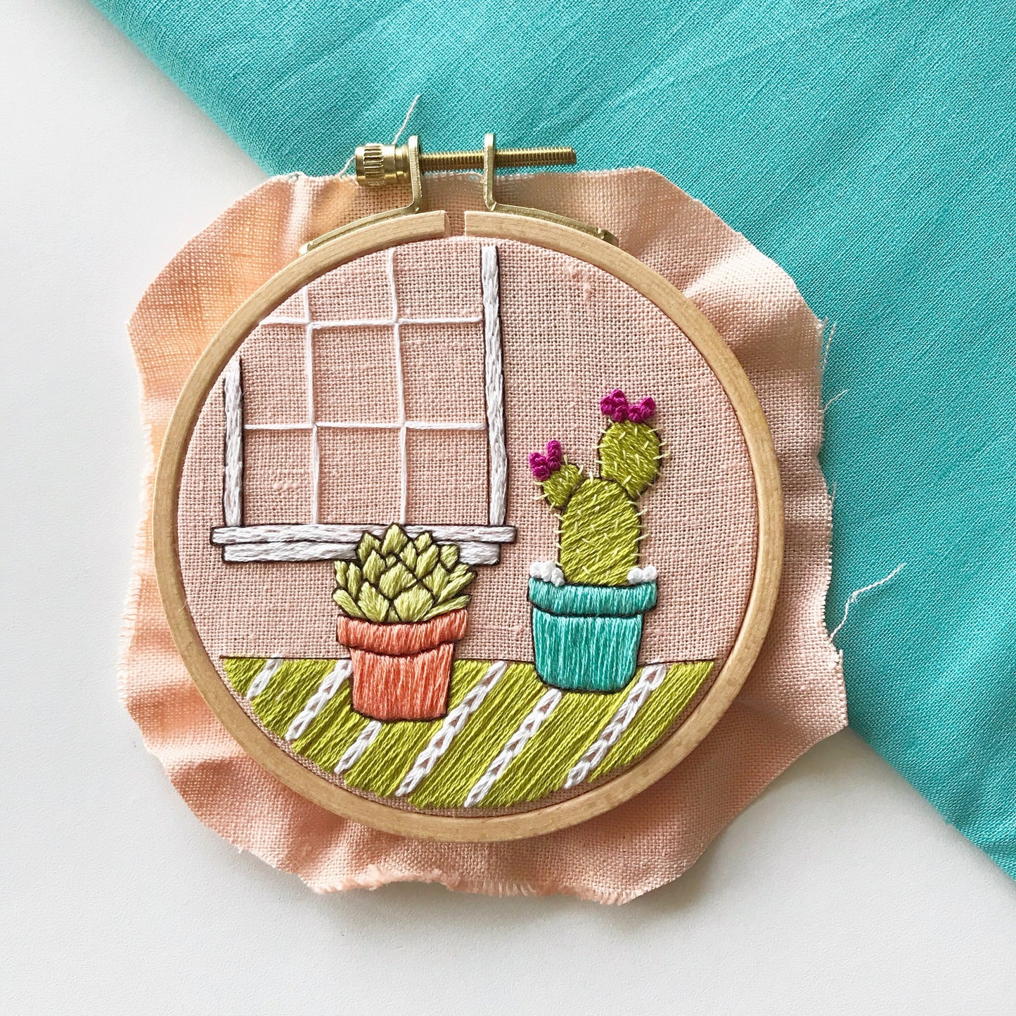 Cozy Cacti Complete Beginner Embroidery  finished hoop picture