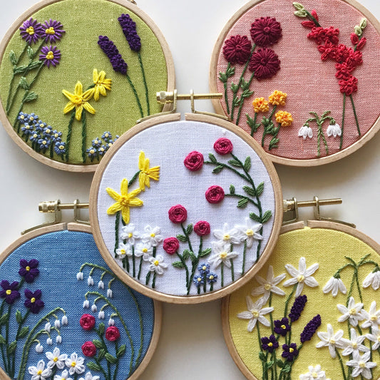 Family Flower Garden Hand Embroidery PDF. Each design is unique as you select your desired flowers. Each birth month flower comes in large and small sizes.  Design your hoop for a wedding, birthday or anniversary.