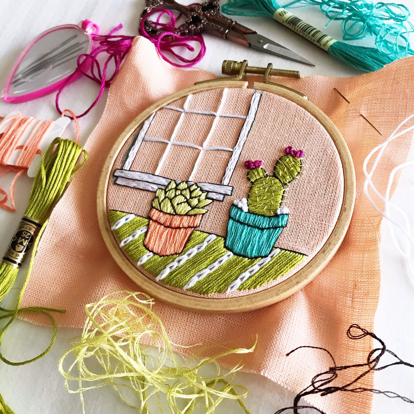 Cozy Cacti finished hoop with thread