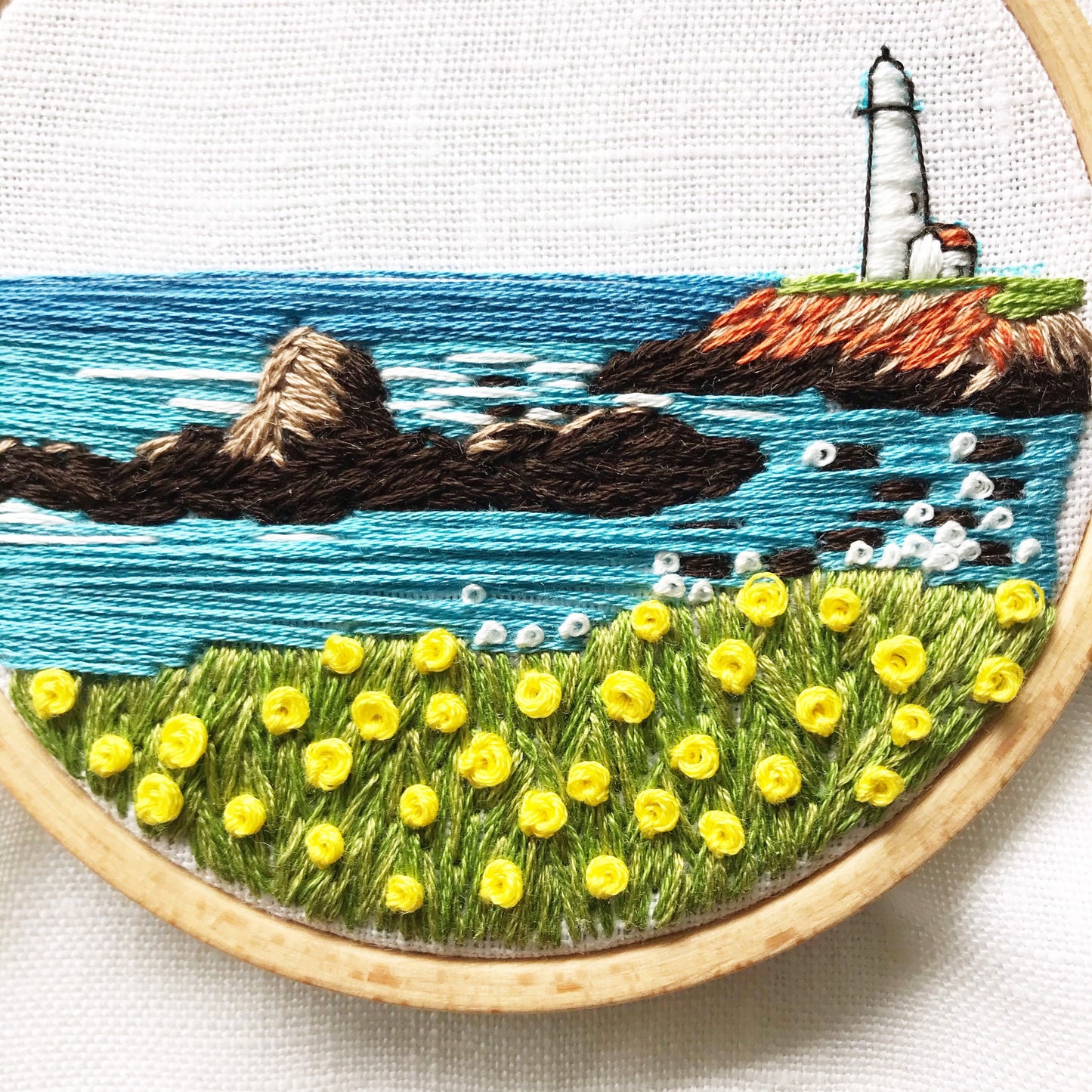 Lighthouse by the Sea Embroidery Pattern PDF / Digital Hand Embroidery /  Beginner / Summer Landscape Ocean Waves Abstract