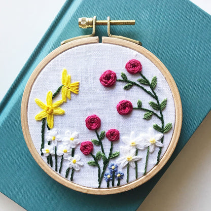 Family Flower Garden Embroidery Kit on white fabric