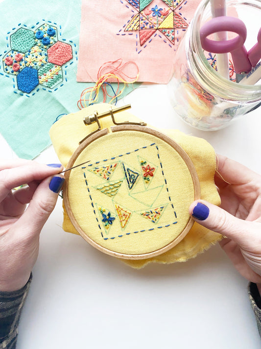 Rosanna Diggs Embroidery Triangle Tango PDF.  Design features a modern take on the traditional flying geese quit pattern.  Learn new stitches while making something beautiful. PDF includes pattern and 12 pages of easy to follow directions.